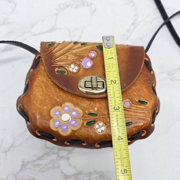 Small Mexican Leather Crossbody Bag Mini Brown Floral Butterfly Tooled Boho - Picture 7 of 10
